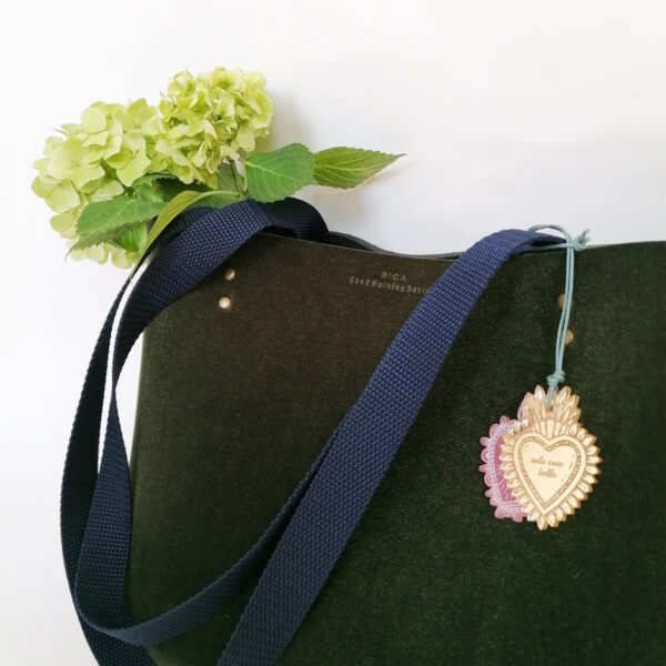 Tote Bag velluto verde e neoprene con cuori sacri | borse fatte a mano in Italia | design italiano | BiCA-Good Morning Design