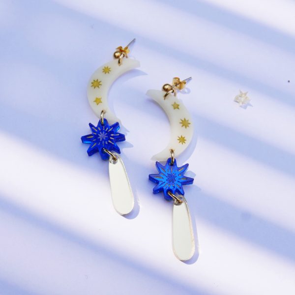 orecchini SOGNI D'ORO, a perno dorati con luna e stelle oro e avorio | dipinti a mano | BiCA Good Morning Design