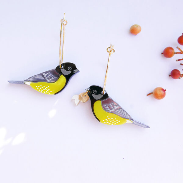 Orecchini a cerchio con uccellini Cinciallegra | gioielli artistici fatti a mano, dal design Italiano, realizzati a milano | BiCA Good Morning Design
