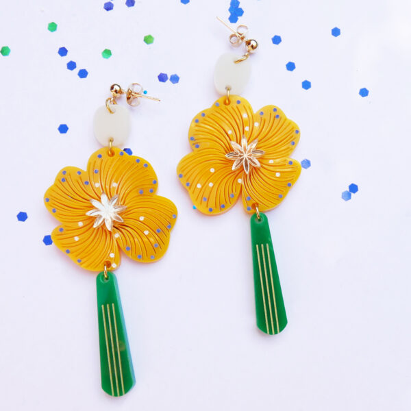 Orecchini giallo e verde grandi pendenti floreali, Stella della sera | gioielli artistici con fiori | made in Italy| BiCA Good Morning Design