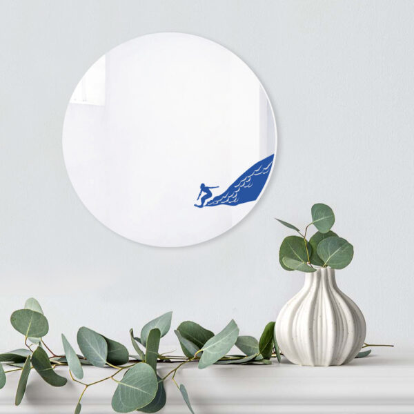Surfing, specchio decorativo tondo, blu, per le donne amanti del surf, regalo personalizzabile con nomi, date e dediche | BiCA Good Morning Design
