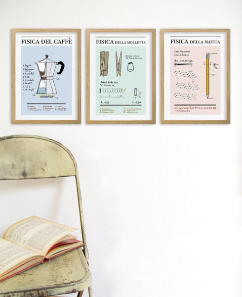 Triplo Poster di fisica per gli amanti della Scienza, con grafica di design per la tua casa e il tuo bagno, Massimo Temporelli con Alice Azario per BICA-GOOD MORNING DESIGN
